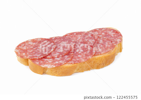 slice of bread with salami isolated on white background slice of bread with salami isolated on white background 122455575