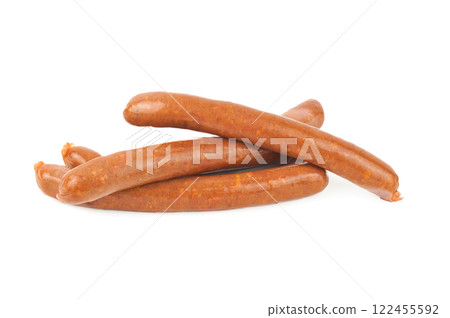 Long thin smoked sausages, isolated on white background 122455592