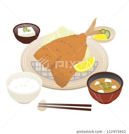 酥脆炸竹莢魚套餐和味噌湯的插圖 122455602