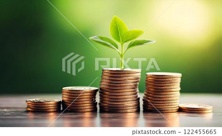 Image of a small sprout growing on a coin Generative AI 122455665