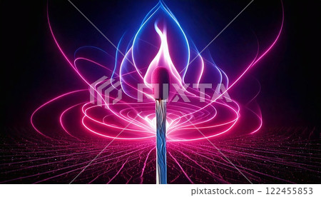 Bright neon match ignites colorful flame with swirling light patterns in dark setting 122455853