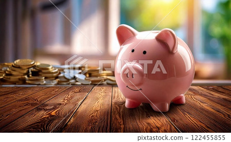 A piggy bank sits on a wooden table surrounded by coins in a bright, sunny room promoting savings A piggy bank sits on a wooden table surrounded by coins in a bright, sunny room promoting savings 122455855