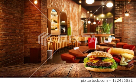 Fast food meal on wooden table in rustic restaurant setting with warm lighting Fast food meal on wooden table in rustic restaurant setting with warm lighting 122455881