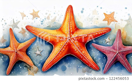 Vibrant watercolor starfish artwork on a clean white background showcasing marine beauty 122456053
