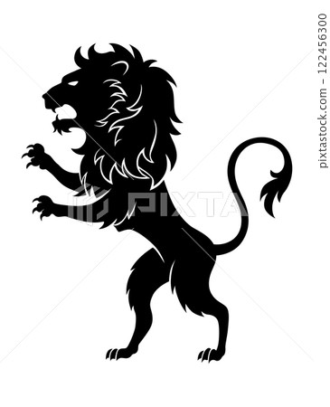 Heraldic lion silhouette. Black standing lion in flat style. Heraldic icon, symbol and design element isolated on white background. Vector illustration 122456300