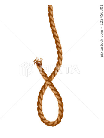 Hanging rope with tassel. Knitted nautical thread or marine vertical fiber. Textile tassel hang at rope isolated on white background. Vector illustration 122456301