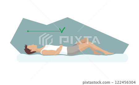 Correct sleeping body posture. Healthy sleeping position spine on orthopedic mattress and pillow. Caring for health of back, neck. Vector illustration 122456304