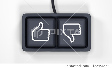 These keys symbolize social media engagement, user feedback, opinions, online interactions, approval or disapproval. A close-up of a computer keyboard featuring two buttons: Like and "Dislike. These keys symbolize social media engagement, user feedback, opinions, online interactions, approval or disapproval. A close-up of a computer keyboard featuring two buttons: Like and "Dislike. 122456432