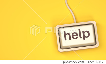 Help button on the keyboard. The button symbolizes assistance, support, troubleshooting, customer service, and guidance in technology and online services. yellow background 122456447