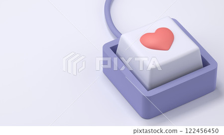 A close-up of a computer keyboard with a red heart symbol on one key. The button represents love, likes, favorites, online relationships, social media engagement, and digital appreciation. 122456450