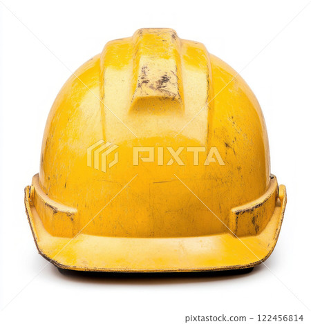 A worn yellow hard hat symbolizing safety in construction work. isolated on white background. 122456814