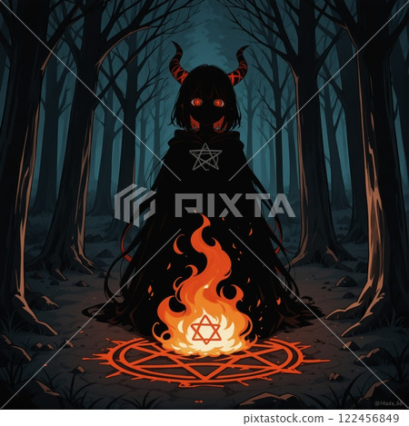 The birth of a demon from fire in the forest in cartoon style. Halloween The birth of a demon from fire in the forest in cartoon style. Halloween 122456849