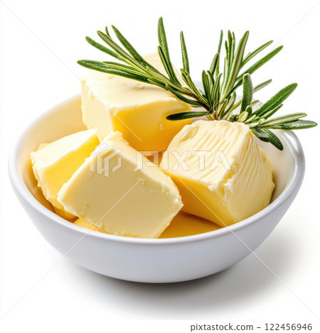 Fresh butter cubes garnished with sprigs of rosemary. isolated on white background. 122456946