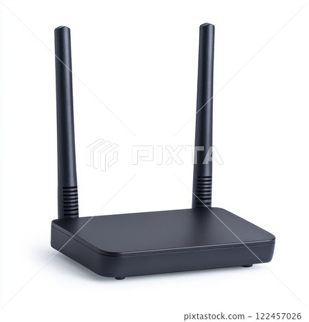 Modern black wireless router with dual antennas for connectivity. isolated on white background. 122457026