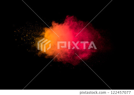 Red and orange cloud of smoke is floating in the air 122457077