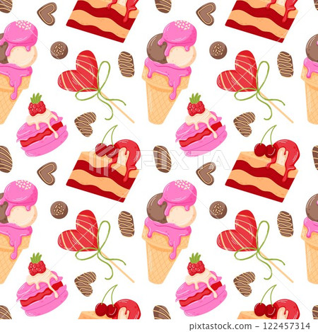 Seamless Valentines Day food pattern with heart shaped candy, chocolate, donut, lollipop and strawberry in cartoon style. Perfect for gift wrapping, cards, textile and romantic design. 122457314