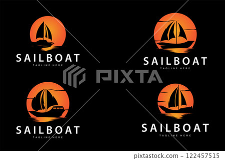 Simple fishing boat sailboat logo simple design black silhouette ship marine illustration template 122457515