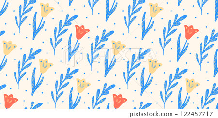 A hand-painted floral pattern with Scandinavian-style tulips. A bright pattern for children textiles, wrapping paper, and women clothing. 122457717