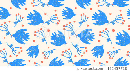 Seamless pattern with hand-drawn birds and tree branches. Pigeons and rowan berries vector pattern. Retro ornament in Scandinavian style. 122457718