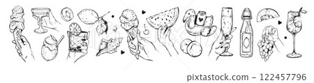 Summer drinks and ice cream set, vector hand drawn beverages desserts doodle, lemon sherbet, fruit 122457796
