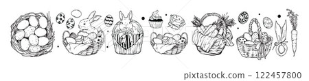 Easter holiday basket set, vector hand drawn spring celebration doodle, cute rabbit, painted eggs.  122457800
