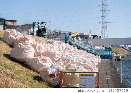 Construction of the Tsurumi River Pedestrian Bridge, Yako and Kawasaki City, side of the embankment Construction of the Tsurumi River Pedestrian Bridge, Yako and Kawasaki City, side of the embankment 122457919