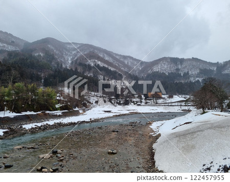 The view of landscape shirakawago river in winter The view of landscape shirakawago river in winter 122457955