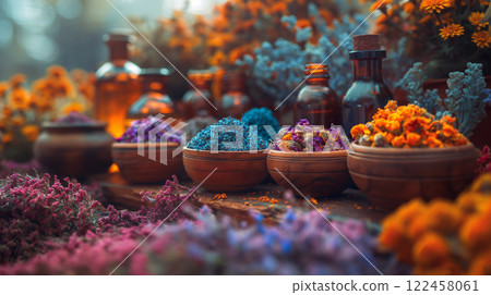 Wooden Bowls Filled With Colorful Dried Herbs And Flowers Surrounded By Essential Oil Bottles And Fresh Botanicals In A Rustic Apothecary Setting 122458061