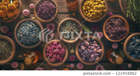 Wooden Bowls Filled With Colorful Dried Herbs And Flowers Surrounded By Essential Oil Bottles And Fresh Botanicals In A Rustic Apothecary Setting 122458062