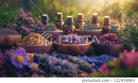 Wooden Bowls Filled With Colorful Dried Herbs And Flowers Surrounded By Essential Oil Bottles And Fresh Botanicals In A Rustic Apothecary Setting 122458063