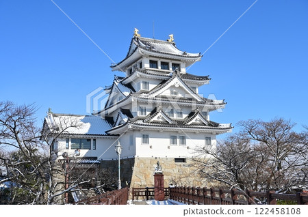 Sunomata Ichiya Castle and Taiko Shusse Bridge (Ogaki City, Gifu Prefecture) Snow and blue sky 122458108