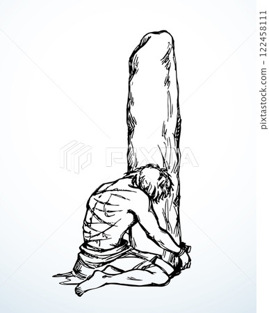 Vector drawing. Beaten man tied to a pole 122458111