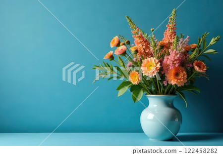 Bouquet of pink flowers in ceramic vase on blue background with copy space 122458282