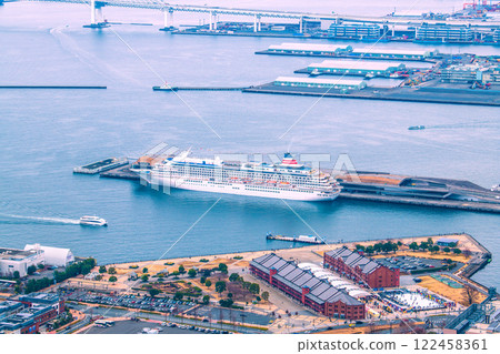 Yokohama cityscape in Japan, with the Asuka II docked at Osanbashi Pier and other ships seen on January 19, 2025 122458361