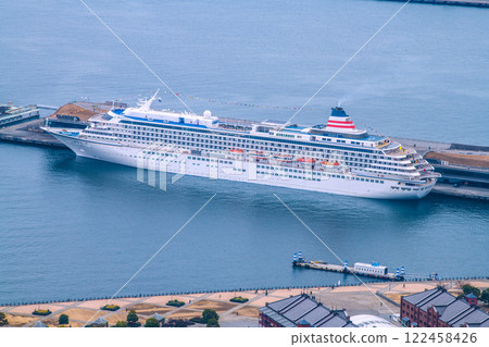 Yokohama cityscape in Japan, with the Asuka II docked at Osanbashi Pier and other ships seen on January 19, 2025 122458426