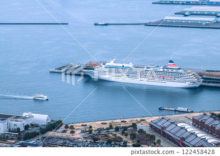 Yokohama cityscape in Japan, with the Asuka II docked at Osanbashi Pier and other ships seen on January 19, 2025 122458428