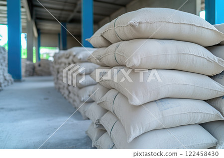 Pile of white sacks with cement in warehouse background 122458430