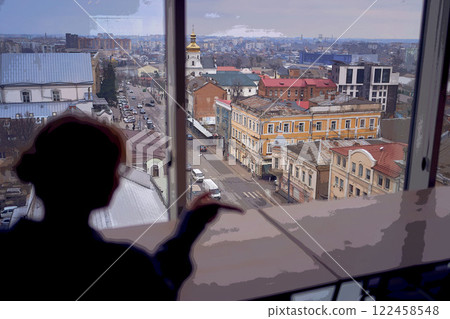 a digital drawing, art, view of the city from a modern workplace, a woman in the foreground a digital drawing, art, view of the city from a modern workplace, a woman in the foreground 122458548