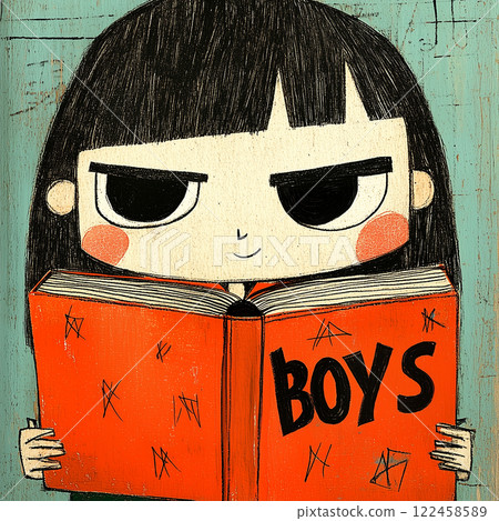 A sneaky girl reading about boys secrets and plotting something mischievous. An evil cartoon lady with a big head holding a big book and smirking. AI-generated illustration 122458589