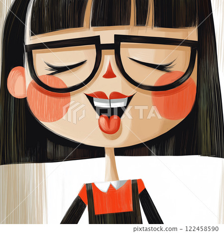 A young woman with black hair and glasses makes a silly grimace, sticking out her tongue in a close-up cartoon portrait. The illustration captures a playful and humorous expression, with her eyes 122458590
