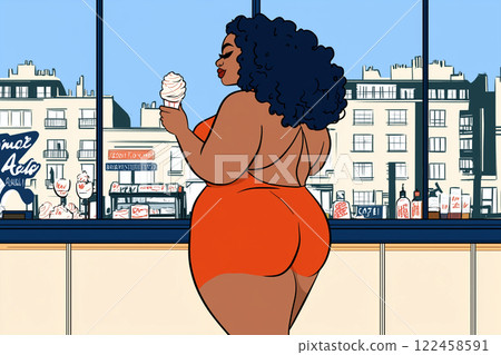 A chubby black woman in tight shorts standing in a cafe and enjoying ice-cream. A sexy curvy lady in a revealing summer outfit eating a desert in a diner while looking in a window. AI-generated 122458591