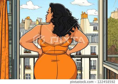 A chubby white woman in a tight dress standing on a balcony and enjoying the city view. A sexy curvy lady in a revealing summer outfit seen from behind in front of a window. AI-generated illustration 122458592