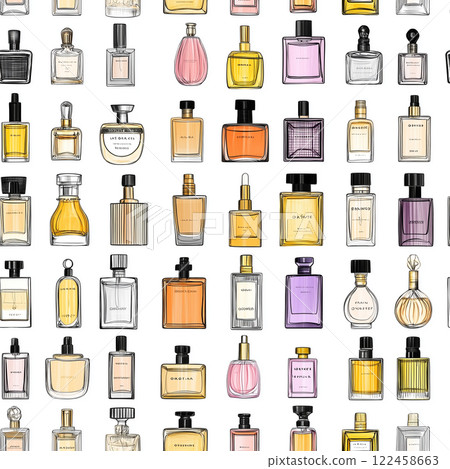 A seamless pattern of branded perfume bottles on white background. Lots of cologne bottles for a fragrance store advertisement. AI-generated illustration A seamless pattern of branded perfume bottles on white background. Lots of cologne bottles for a fragrance store advertisement. AI-generated illustration 122458663