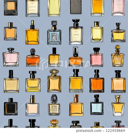 A seamless pattern of branded perfume bottles on a blue background. Lots of cologne bottles for a fragrance store advertisement. AI-generated illustration 122458664