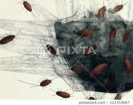 In a dark, creepy scene, a swarm of brown cockroaches scatters in all directions, creating a nightmarish and disgusting sight. This abstract and freaky concept captures the fear and horror of an 122458667