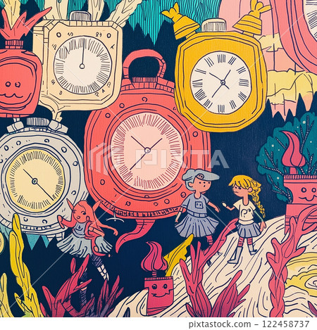 A colorful comic book-style illustration depicting little female elves in a nighttime forest, surrounded by numerous huge clocks. The passage of time concept. AI-generated 122458737