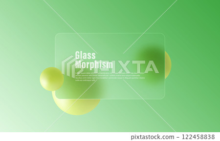 Abstract eco background in glass morphism style. Rectangular frosted glass screen with levitating green spheres. 122458838