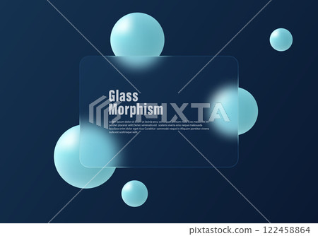 Glass morphism website landing page template. Gradient background in dark blue color with glass partition and levitating spheres. 122458864