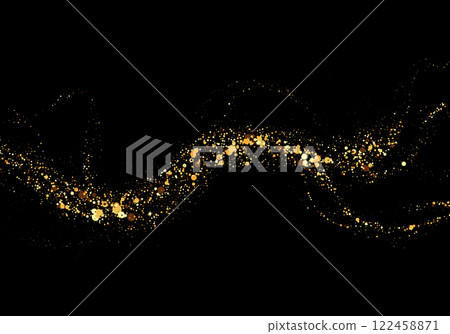 Gold sequins texture on black background. Abstract gold colored particles, confetti glitter flow. Festive design element. 122458871