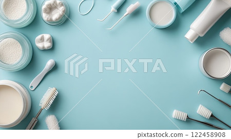 Various dental instruments and tooth floss are neatly organized on a light blue background to promote dental care practices 122458908